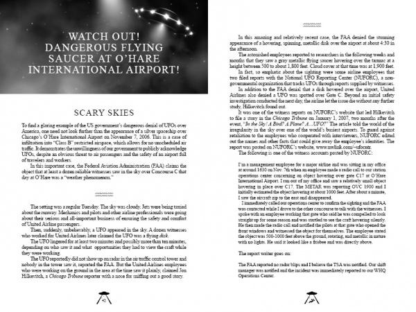 A two-page spread in UFOs Over America by Schiffer Publishing, Ltd. features text on UFO sightings and the FAA, with details from MUFON beneath a graphic of a flying saucer beaming light.