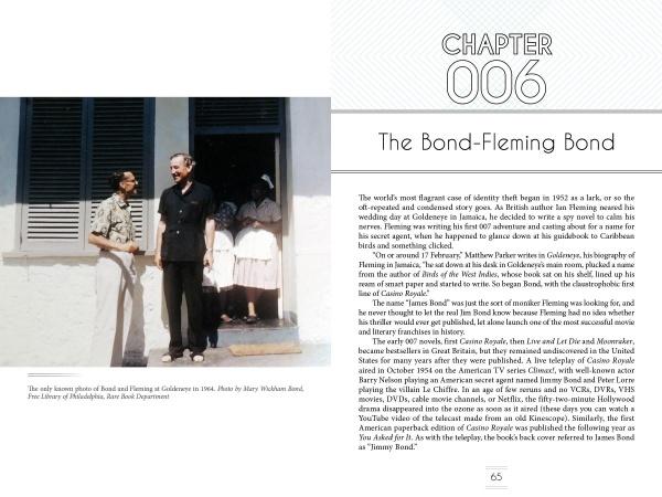 Two men stand by white building steps—one light-clad, one dark—while two women sit at a window. Next to them, text introduces The Real James Bond by Schiffer Publishing, Ltd., about the ornithologist who inspired the famous spy’s name.