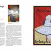 Two-page magazine spread for Schiffer Publishing, Ltd.'s OURstory Quilts. Left page: article with a photo of a drawing. Right page: large art quilt-inspired illustration of a blonde girl in white dress dancing, titled Becoming Ryleigh.