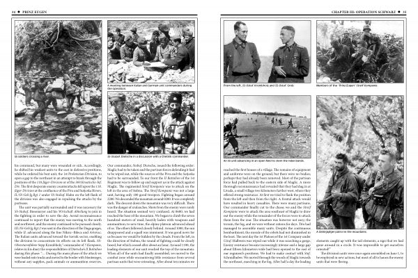 Two pages from "The 7th Waffen-SS Volunteer Gebirgs (Mountain) Division Prinz Eugen" by Schiffer Publishing, Ltd., feature black-and-white photos of soldiers outdoors, with text columns and captions detailing wartime scenes.