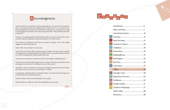 Two book pages: the left features an Acknowledgments section. The right displays a Contents page with colored icons for each chapter—ideal for anyone browsing Schiffer Publishing, Ltd.’s The Fiona Quilt Block.