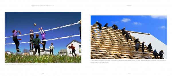 Left: Young people play volleyball on a grassy lawn. Right: People work together on a wooden roof frame under a blue sky. These scenes are featured in the Schiffer Publishing, Ltd. book Seasons of Lancaster County.