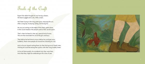 The left page of "Rupert's Tales: Learning Magick" by Schiffer Publishing, Ltd. features text about a rabbit and a boy’s magical imagination; the right page has an illustration of a red rabbit near a person in yellow shorts and brown shoes on green grass.