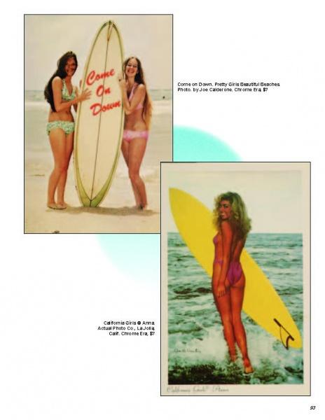 Two vintage postcards from The Ultimate Collector's Guide to by Schiffer Publishing: Top—two women in bikinis with a "Come On Down" surfboard; Bottom—a woman in a bikini with a yellow surfboard by the shore.