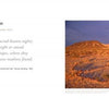 A desert landscape with rugged mountains and orange sunlight. A long shadow stretches across rocky ground. On the left, text describes "America's Outback" by Schiffer Publishing, Ltd., featuring a poem on isolation and vastness.