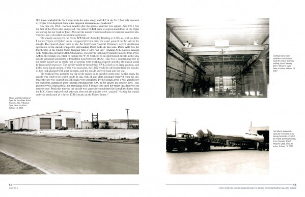 The History of Dyess Air Force Base by Schiffer Publishing, Ltd. features black-and-white photos of industrial warehouses and trucks, possibly en route to the base, with descriptive text above and beside each image.