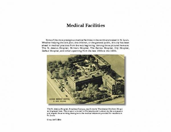 A sepia photo of Alexian Brothers Hospital appears below text about major St. Louis medical facilities, evoking the vintage charm found in "Greetings From St. Louis" by Schiffer Publishing, Ltd.