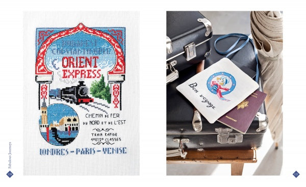 Left: Retro Cross Stitch by Schiffer Publishing, Ltd. shows an embroidered Orient Express train and cityscape. Right: A French cross-stitch pouch says “Bon voyage” above luggage, passport, and map.