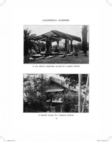 A page from "California Gardens of the Arts & Crafts Period" by Schiffer Publishing, Ltd. shows a pergola pavilion and a Japanese teahouse, both highlighting historic California garden design amid lush landscapes.