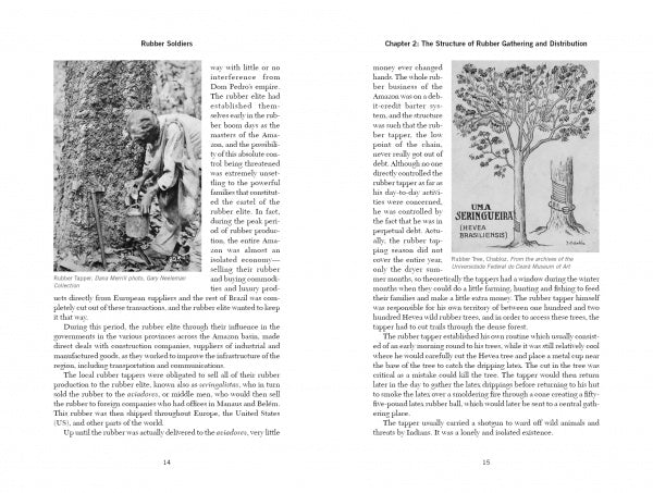 Pages 14–15 of Rubber Soldiers by Schiffer Publishing, Ltd. examine Brazilian rubber tappers in WWII Amazon campaigns. Page 14 highlights a photo and info on Rubber Soldiers; page 15 shows an illustrated rubber tree labeled UMA SERINGUEIRA.