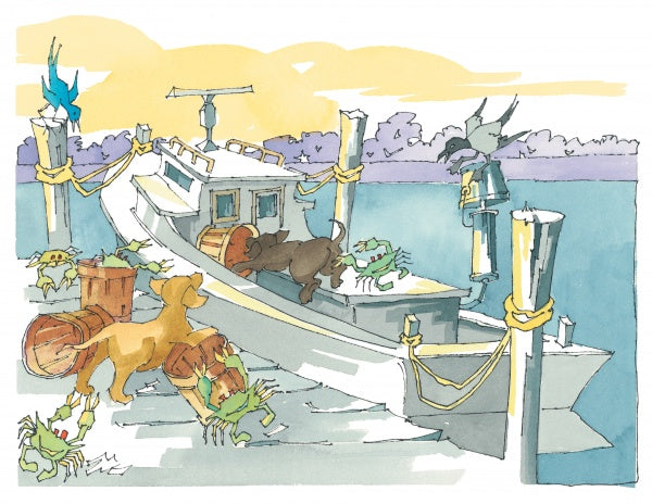 In "Chesapeake Play Day" by Schiffer Publishing, Ltd., two dogs embark on a playful adventure chasing crabs on a docked boat, while birds watch nearby beneath a partly cloudy sky in scenic Chesapeake country.