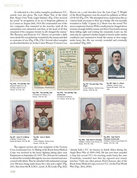 A page from "The First World War on Cigarette and Trade Cards" by Schiffer Publishing, Ltd. shows text on Victoria Cross recipients, with nine vintage WWI cigarette cards of decorated soldiers and brief descriptions on an off-white background.