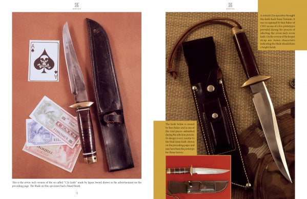 Two pages from "SOG Knives and More from America's War in Southeast Asia" by Schiffer Publishing, Ltd. display vintage Vietnam War combat knives, SOG knives with leather sheaths, old currency, a skull ace card, and detailed close-ups with lanyards.