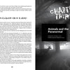 An open copy of "Behind the Paranormal" by Schiffer Publishing, Ltd. displays Chapter Thirteen, "Animals and the Paranormal," featuring black-and-white images of misty woods and deer with text on saints, lawyers, and famed paranormal cases.