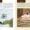 A book spread from "Inspired by the National Parks" (Schiffer Publishing, Ltd.) shows a coconut tree on a beach at left, and a quilted orange and white nudibranch inspired by nature quilts on the right.