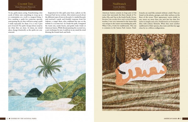 A book spread from "Inspired by the National Parks" (Schiffer Publishing, Ltd.) shows a coconut tree on a beach at left, and a quilted orange and white nudibranch inspired by nature quilts on the right.