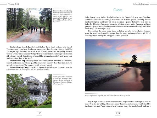 A two-page spread in "The Real James Bond" by Schiffer Publishing, Ltd. shows people on a wooded trail, a gray cottage, and a palm-lined beach, connecting Bond sites in Birchwood and Staniel Cay to the ornithologist’s Birds of the West Indies.