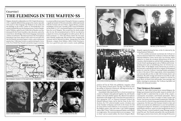 A two-page book spread from Schiffer Publishing, Ltd.'s "The 27th Waffen-SS Volunteer Grenadier Division Langemarck," featuring text, a Belgium map, WWII photos, aerial views, group shots, and portraits of division members in uniform.