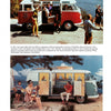 Two vintage photos from "The VW Bus" by Schiffer Publishing, Ltd. show VW history: one with people by a red and white Transporter at the beach; another with a family by a white and green camper with yellow curtains near water and trees.