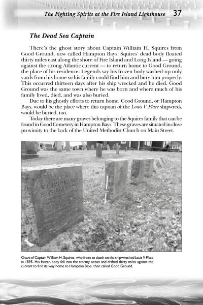 A page from "Ghosts, Ghouls, & Monsters of Long Island" by Schiffer Publishing, Ltd. features Captain William H. Squires and a photo of his grave—sure to intrigue paranormal enthusiasts and haunted history seekers.