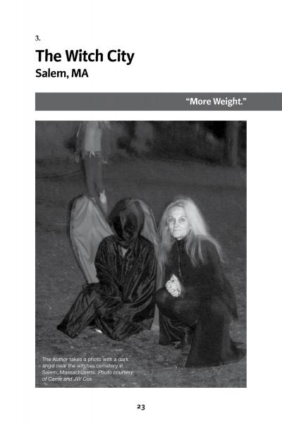 Two people pose at night in Salem, MA—one in a hooded cloak, the other with long blonde hair. This haunted scene, titled "The Witch City," is featured on a page of Spooky Creepy New England 2 by Schiffer Publishing, Ltd.