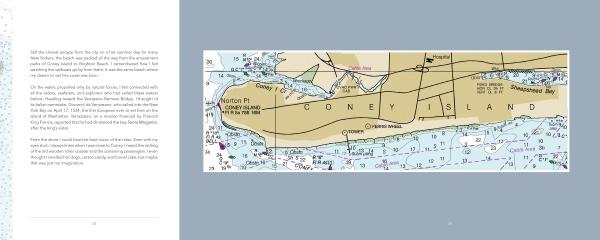 The "Archipelago New York" chart by Schiffer Publishing, Ltd. highlights Coney Island’s waterways and landmarks on the right, with descriptive text about its history and geography on the left.