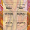 The Three of Staves card from My First Relationship Tarot by Schiffer Publishing, Ltd. features nine message boxes on a pink, yellow, and orange swirl background, highlighting love, truth, happiness, and passion in relationships.