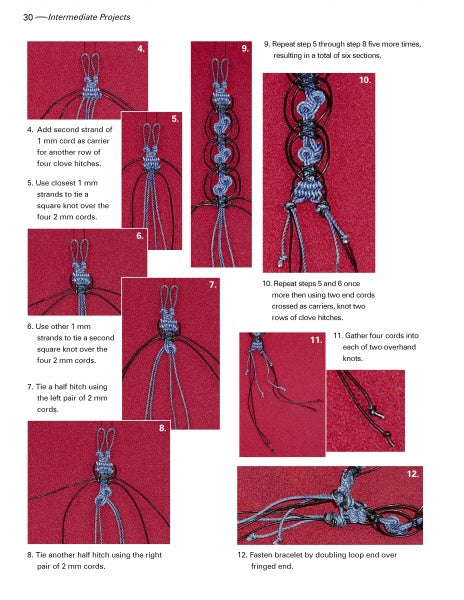 “Macrame Today” by Schiffer Publishing, Ltd. features 12 photo panels on a red background, using blue and black cords to show step-by-step instructions for hand placement, cord arrangement, and knot progress in decorative macrame patterns.