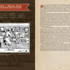 A book spread from "Medieval Cooking in Today's Kitchen" by Schiffer Publishing, Ltd. features a brown background, a woodcut kitchen scene, a chapter on potages, soups, and hors d’oeuvres, and a quote inspired by medieval European recipes.