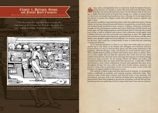 A book spread from "Medieval Cooking in Today's Kitchen" by Schiffer Publishing, Ltd. features a brown background, a woodcut kitchen scene, a chapter on potages, soups, and hors d’oeuvres, and a quote inspired by medieval European recipes.
