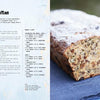 A recipe page titled The New Bread by Schiffer Publishing, Ltd. is on the left, listing gluten-free bread ingredients and steps. On the right, a loaf made with alternative flours rests on a dark blue cloth.