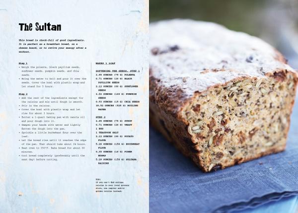 A recipe page titled The New Bread by Schiffer Publishing, Ltd. is on the left, listing gluten-free bread ingredients and steps. On the right, a loaf made with alternative flours rests on a dark blue cloth.