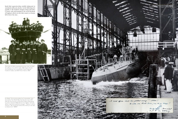 A black-and-white photo from "German U-Boat Ace Heinrich Lehmann-Willenbrock" (Schiffer Publishing, Ltd.) shows U-96's launch at a shipyard with workers, an inset of Lehmann-Willenbrock and crew, and a handwritten note at the bottom right.