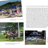 A page from "Hello Mother, Hello Father: Celebrating Summer Camp" by Schiffer Publishing, Ltd. depicts camp life: campers on a beach, children folding a flag by the lake, and a group at a summer camp ceremony—timeless camp traditions.