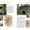 Two pages from Schiffer Publishing, Ltd.'s "The Story of Lime and the Lime Kilns of Lancaster County" showcase historical arched stone kilns amid woodlands, with photos, text, old maps showing kiln sites, and an image of a salve tin on each page.