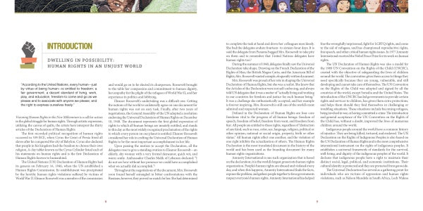 A two-page spread from Schiffer Publishing, Ltd.’s "Visioning Human Rights in the New Millennium" features an introduction, dense text referencing the UN Human Rights Declaration, and small top illustrations.