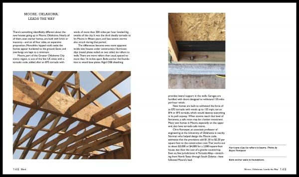 Two-page magazine spread for "Designing for Disaster" by Schiffer Publishing, Ltd.: Left page shows text about hurricane ties in Moore, OK above an image of a wood frame with metal connectors. Right page has more info and a close-up of a metal tie on a beam.