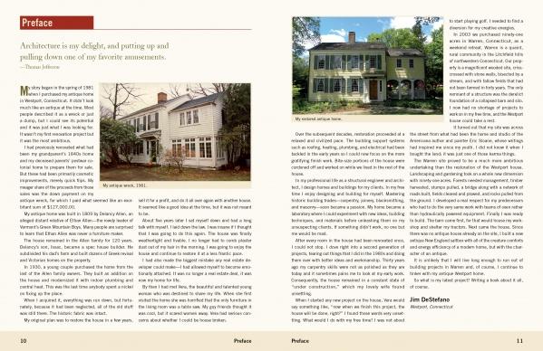 A two-page spread from Antique New England Homes & Barns by Schiffer Publishing, Ltd. features a preface on historic homes, two photos, column text, and captions, with beige backgrounds, red highlights, and restoration themes.