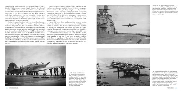 A two-page spread from Schiffer Publishing, Ltd.'s *Hawker Hurricane* features three black-and-white WWII carrier aviation photos, with text on naval aviation history and Hawker Hurricane operations, plus descriptions of the striking images.