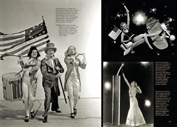 In Schiffer Publishing, Ltd.'s "Hollywood Celebrates the Holidays," three performers march with an American flag and drum, while two smaller images depict glamorous women with flags and fireworks in vintage holiday scenes.