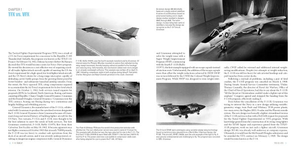 A two-page spread from Schiffer Publishing, Ltd.’s F-14 Tomcat features text and four black-and-white photos of military jets in flight and on display—including the iconic US Navy fighter—and an aircraft engine. TFX vs. VFX appears in blue at top left.