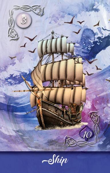 A classic sailing ship with white sails glides through blue and purple waves amid flying birds. Ornate frames display the numbers 3 and 10, with “Ship” below, as seen in the Mirror Truth Lenormand Cards by Schiffer Publishing, Ltd.