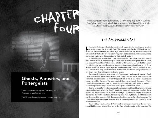 A spread from "Behind the Paranormal" by Schiffer Publishing, Ltd. shows Chapter Four: Ghosts, Parasites, and Poltergeists. The left page features a shadowy figure on a bed; the right discusses cases like the Amityville haunting.