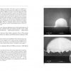 A two-page spread in "Weapons of Mass Destruction" (Schiffer Publishing, Ltd.) displays text and five black-and-white photos from the Trinity atomic bomb test, showing people near the bomb and four sequential shots of the explosion.