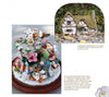 Two images from “Fairy Homes and Gardens” by Schiffer Publishing, Ltd.: Top right, a moss-roofed miniature thatched cottage; below, a magical tree crafted from stacked teapots, cups, and dishes, adorned with figures and flowers—a whimsical fairy garden scene.
