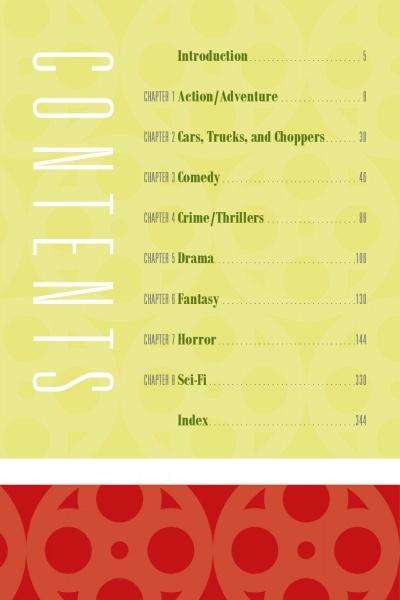 The Ultimate Guide to Strange Cinema by Schiffer Publishing, Ltd.—a genre film guide featuring a green table of contents page with a film reel graphic, listing chapters on offbeat, strange, and comedy movies.