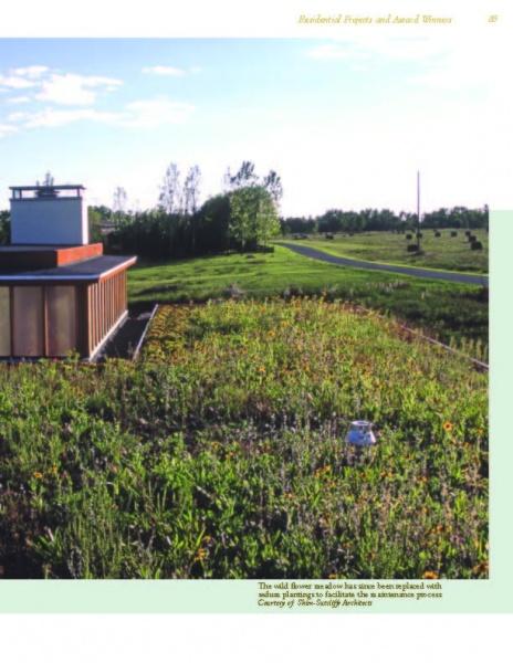 Schiffer Publishing, Ltd.’s ‘Award-winning Green Roof Designs’ features modern buildings topped with lush wildflowers and grass, highlighting living architecture set in grassy landscapes beneath clear skies.