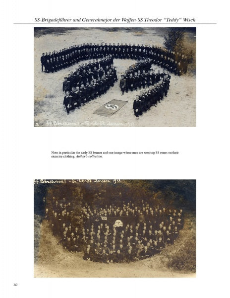 Two sepia photos show uniformed men in formation with Nazi symbols and SS banners, possibly including SS-Brigadeführer und Generalmajor der Waffen-SS Theodor "Teddy" Wisch, as featured in Schiffer Publishing, Ltd.’s biography.
