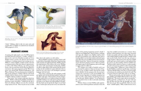 A magazine spread showcases four artworks—abstract and surrealist human-animal hybrids and a mermaid-like sculpture—evoking the political style of Robbie Conal (Schiffer Publishing, Ltd.), all set against dark, fluid backgrounds.