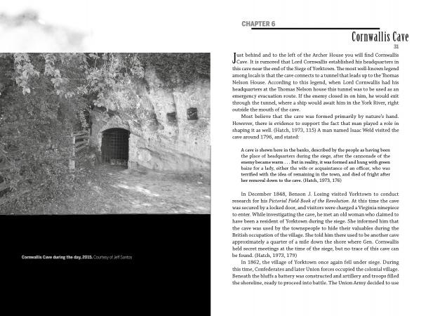 A black and white page from "Ghosts of Yorktown, Virginia" by Schiffer Publishing, Ltd. shows a photo of Cornwallis Cave's entrance and text about its history, role in the siege of Yorktown, and haunted lore.